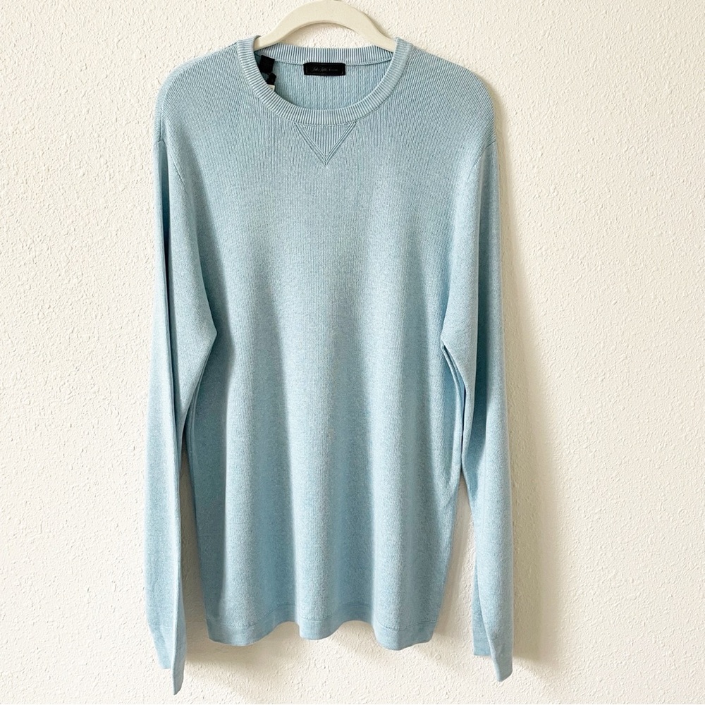 Saks Fifth Avenue Silk Cotton Long Sleeve Crewneck Sweater Iced Aqua Size Large